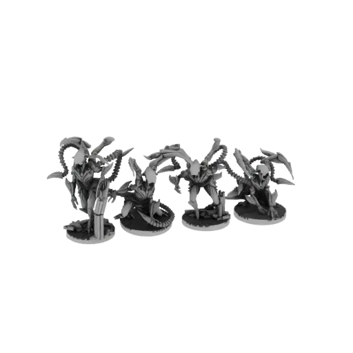 A group of four detailed 3D models of menacing alien warriors with sharp, biomechanical features, posed for combat.