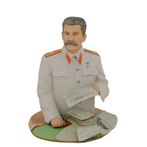 3D model of a bust of Joseph Stalin in a white uniform, holding papers, with documents on a desk.