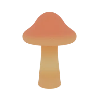 A 3D render of a stylized mushroom lamp with a warm orange and yellow gradient cap and a creamy yellow stem, set against a wh