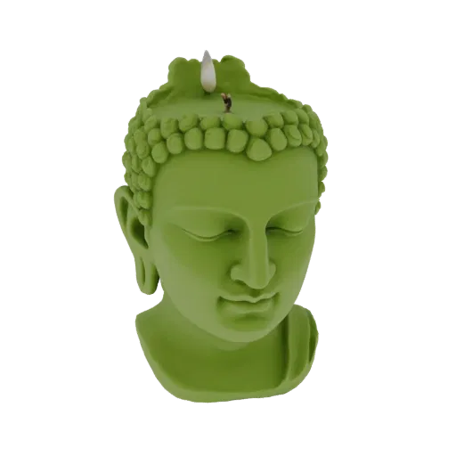 3D model render of a green Buddha head shaped candle with a flame on top, isolated on a white background.