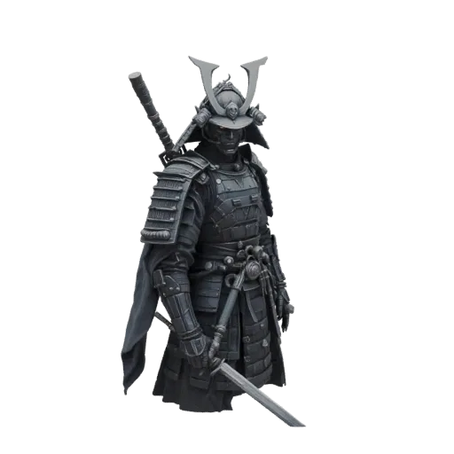 Modelo 3D de guerreiro samurai sombrio em armadura completa, segurando uma katana, com fundo branco.