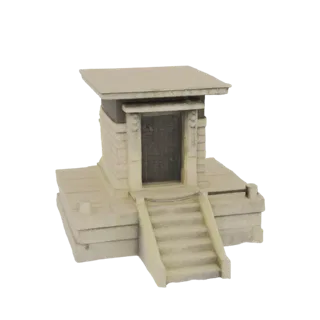 Modelo 3D de entrada de templo de piedra antigua con fachada desgastada y escalones que conducen a una puerta oscura.