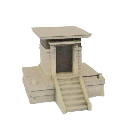 Modelo 3D de entrada de templo de piedra antigua con fachada desgastada y escalones que conducen a una puerta oscura.
