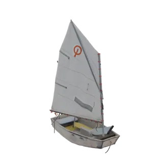 3D-Modell eines weißen Beiboot Segelboots mit weißem Segel und orangem Logo, aus leicht erhöhter Perspektive betrachtet.