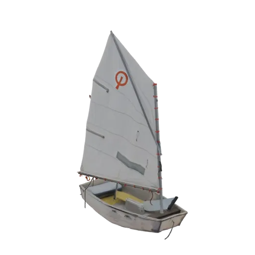 3D model of a white dinghy sailboat with a white sail featuring an orange logo, viewed from a slightly elevated angle.