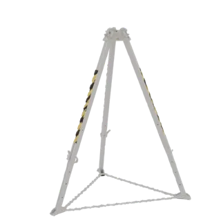 Rendering modello 3D di un treppiede bianco per dispositivo di ancoraggio portatile con strisce di pericolo gialle e nere sul