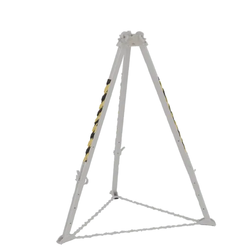 Rendu 3D d'un trépied portable d'ancrage blanc avec des bandes de sécurité jaunes et noires sur ses pieds, sur fond blanc.