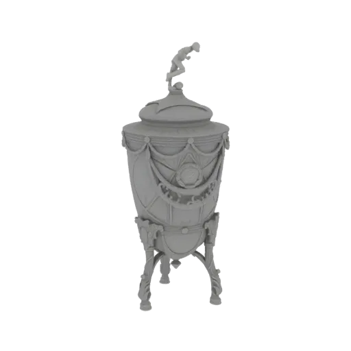 3D model of a classical urn with ornate drapery and a dynamic runner figurine on top, set against a white background.