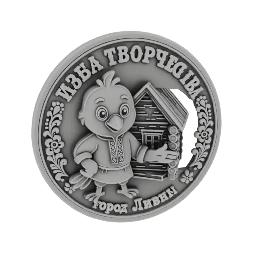 3D model of a cute cartoon chick character in traditional clothing, standing in front of a wooden Russian izba house with flo