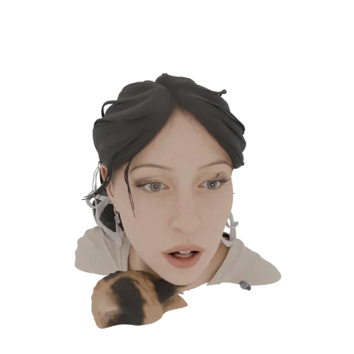 3D model of a woman with dark hair and a surprised expression, looking down at a cat peeking from the bottom of the frame.