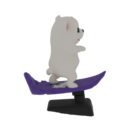3D model of a white bear character with black eyes and a red mouth, riding a purple hoverboard on a black base.