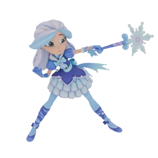 3D model of a Winter Sorceress character in a dynamic pose, holding a snowflake wand, wearing a blue and white outfit.