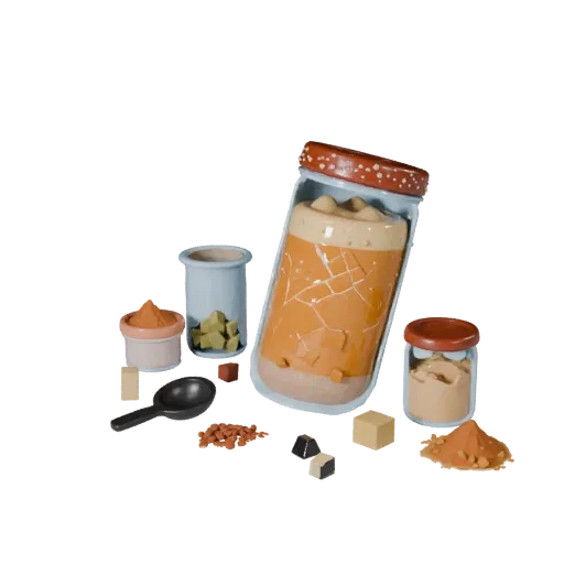Spice Style Jars Stylized 3D model, stylized isometric render, showing powders, small ingredient shapes.