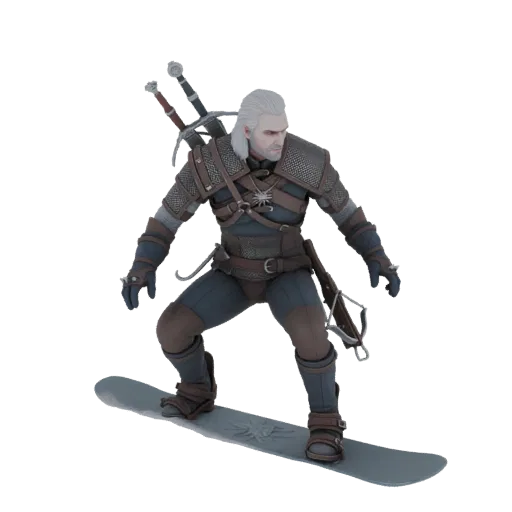 3D model of Geralt of Rivia from The Witcher, striking a snowboarding pose with swords on his back.