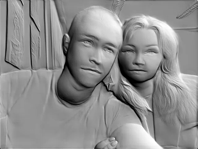 3D model of a sculptural couple portrait in bas-relief style, showing a man and woman looking forward.