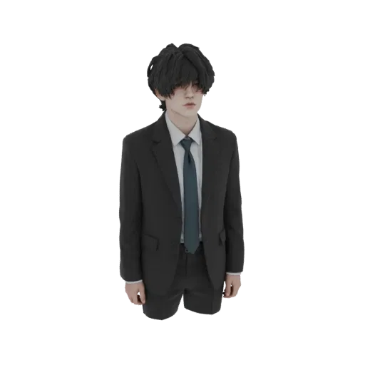 3D model of a young man with dark hair wearing a dark suit and teal tie, standing against a white background.
