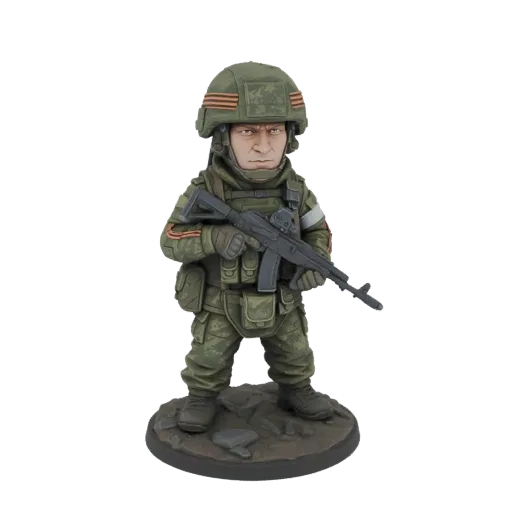 3D model of a Russian soldier in camouflage uniform holding an AK-12 rifle, standing on a rocky base.