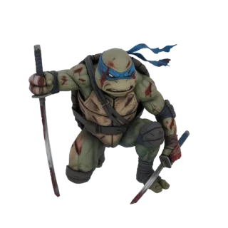 Modelo 3D de Leonardo de As Tartarugas Ninja, em pose de batalha agachada, segurando duas katanas, com danos de batalha visív