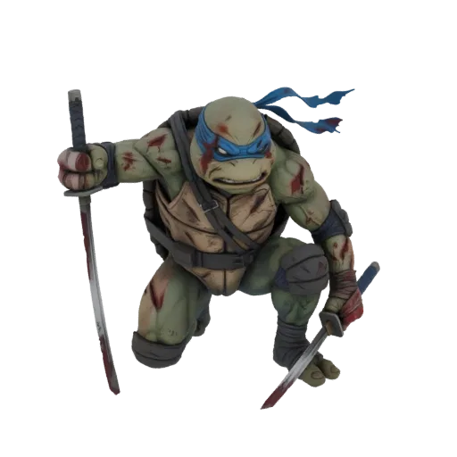 3D-Modell von Leonardo aus Teenage Mutant Ninja Turtles, in einer kauernden Kampfpose, zwei Katanas haltend, mit sichtbaren K
