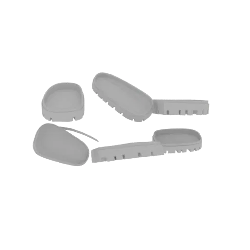 3D model of a set of modern shoe soles with detailed tread patterns, displayed against a white background.