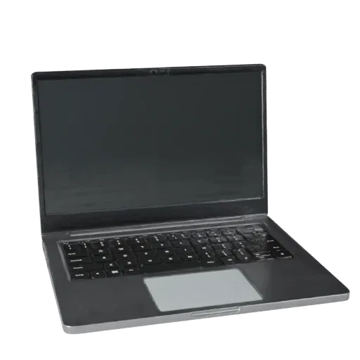Business Laptop 3D model, three-quarter front view, AR viewer studio render, showing brushed metal, open lid angle.