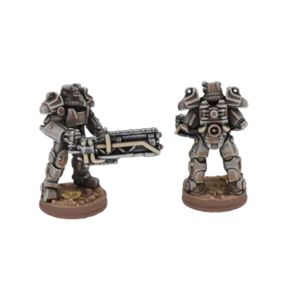 3D model of a weathered power armor soldier from a wasteland setting, holding a large energy weapon, on a rocky base.