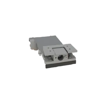 3D model of a gray industrial pneumatic actuator with a mounting bracket, viewed from a slight angle.