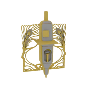 3D model of an Art Nouveau pendant with a gold and silver lantern and peacock feather designs