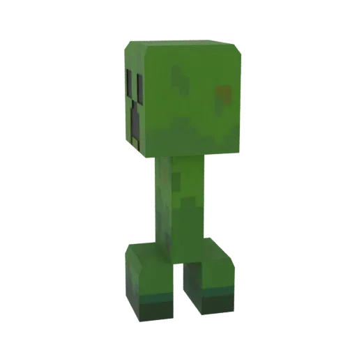 Un modello 3D del personaggio Creeper verde di Minecraft in piedi su uno sfondo bianco.