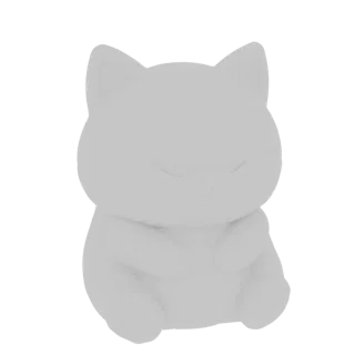 Ein 3D-Render einer einfachen, untexturierten, molligen Katze, die mit geschlossenen Augen zufrieden sitzt.
