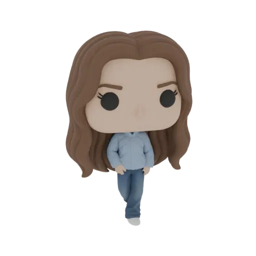 3D model of a young woman in a blue jacket and jeans, styled as a Funko Pop figure, with brown wavy hair.