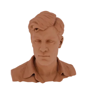 Rendering di modello 3D di un busto in argilla di terracotta di un giovane con capelli scompigliati e camicia con colletto, v