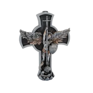 3D model of St. Michael the Archangel on a cross, holding a sword and shield, with wings spread, standing over a defeated dem