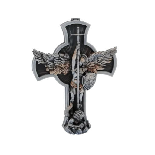3D model of St. Michael the Archangel on a cross, holding a sword and shield, with wings spread, standing over a defeated dem