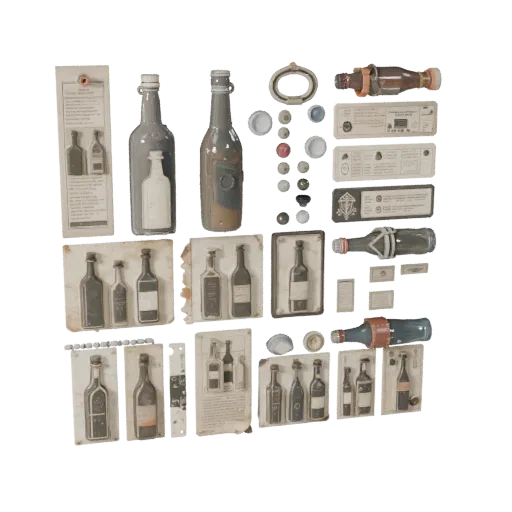 Urban Bottle Group Realistic 3D model, three-quarter studio render, showing paper-like cards, small readable forms.