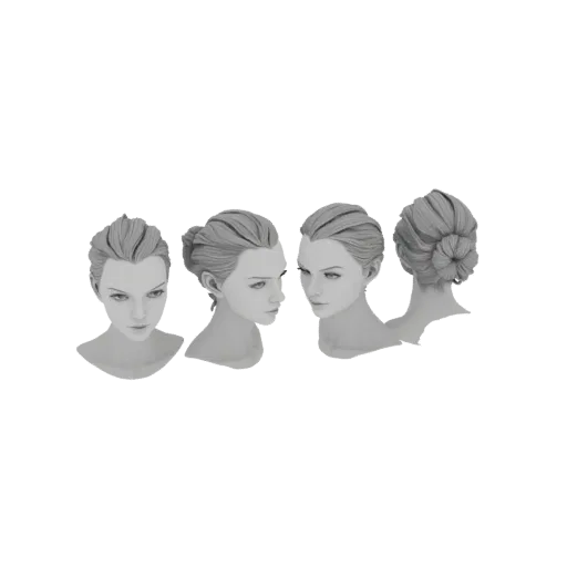 3D model of a classic updo hairstyle shown from front, side, and back views, rendered in grayscale.