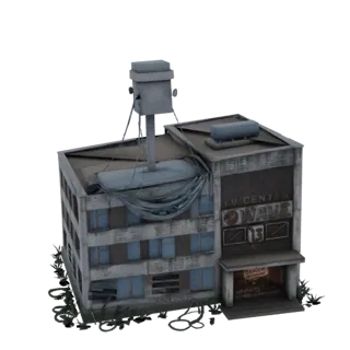 Modelo 3D de un edificio de centro de TV abandonado y en ruinas con una antena alta en su tejado y plantas crecidas en su bas