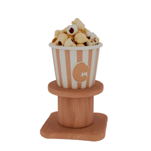 3D model of popcorn bucket with kernels on wooden stand, featuring C and fish logo