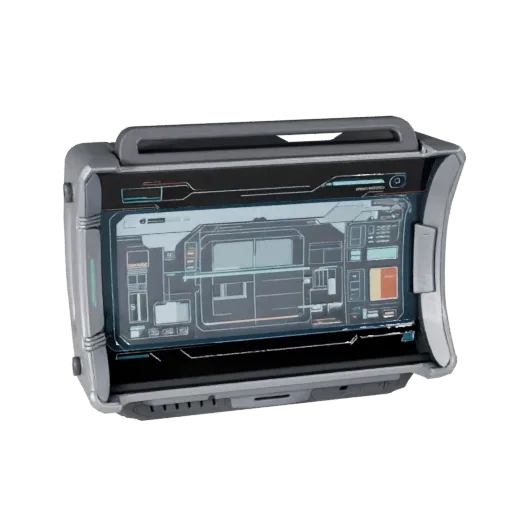 Holographic Data Pad 3D model, three-quarter front view, Unreal Engine viewport, showing emissive strips, form detail.