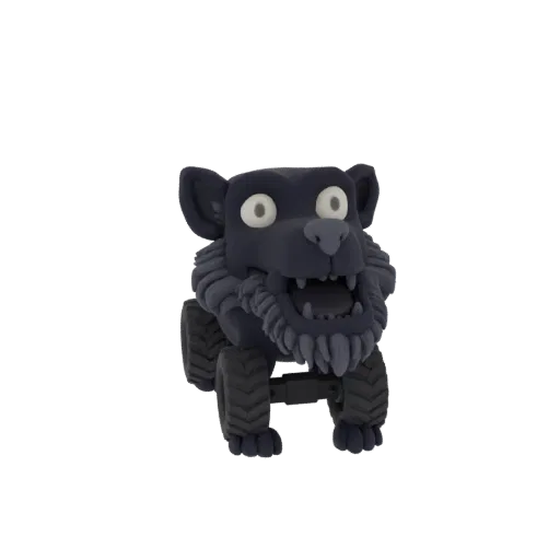 A 3D render of a dark gray claymation-style wolf with a wide, toothy grin, sitting on a monster truck chassis with large, tre