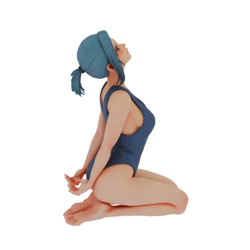 Modello 3D di una ragazza anime in costume blu, inginocchiata con la testa inclinata all'indietro e guardando verso l'alto.