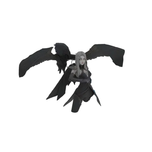 3D model render of a dark-winged elf sorceress with silver hair and a black gown, wings spread wide.