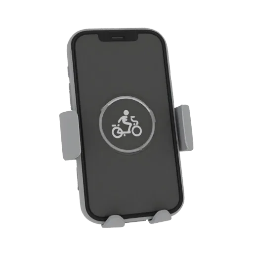 3D model of a motorcycle phone holder, gray, with a motorcyclist image on the phone screen