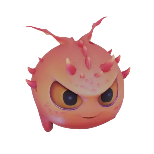 A 3D render of a round, orange monster with sharp pink spikes, large yellow eyes, and a small smile, set against a black back