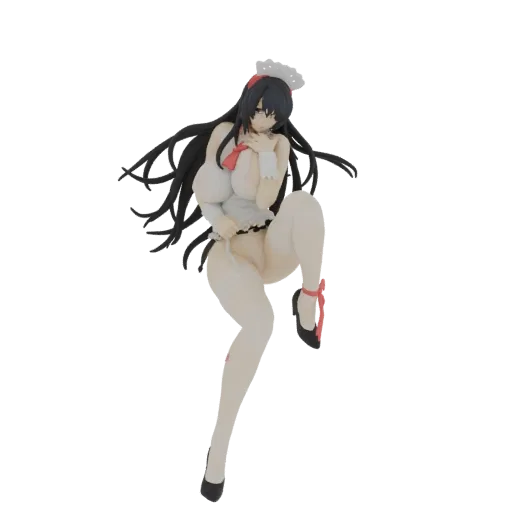 3D model of an anime girl in a maid outfit, posing dynamically with black hair and a white and red costume.