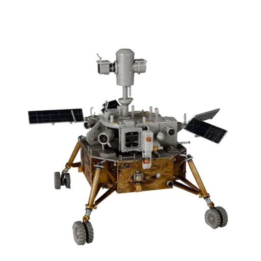 Lunar Style Lander Realistic 3D model, three-quarter studio render, showing dusty wheels, vehicle stance.