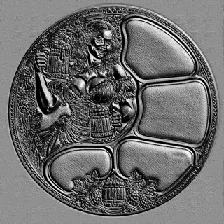 3D-Modell eines Art déco Bardame mit Bier-Relief, mit detaillierter Darstellung von Kleidung, Bierkrügen und dekorativen Elem