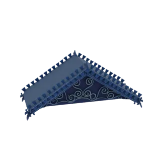 Un rendering 3D di un tetto a falde blu ornato con finiture triangolari decorative e intricate volute sottostanti.