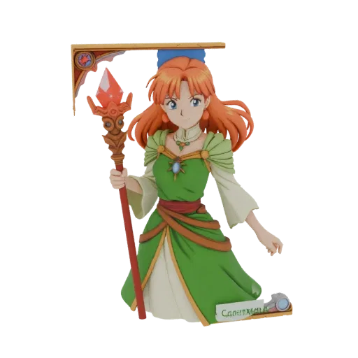3D model of an anime mage with orange hair, green dress, and a staff, framed by an ornate golden archway.