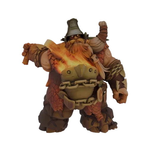 3D model of a Dwarf Fire Giant with a fiery beard, wearing armor and a helmet, holding a flaming object.